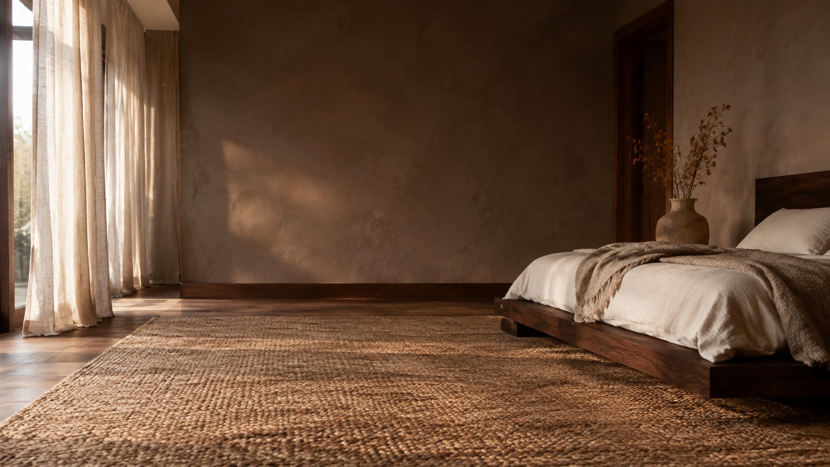Interior inspiration: a natural jute rug in a warm, serene bedroom