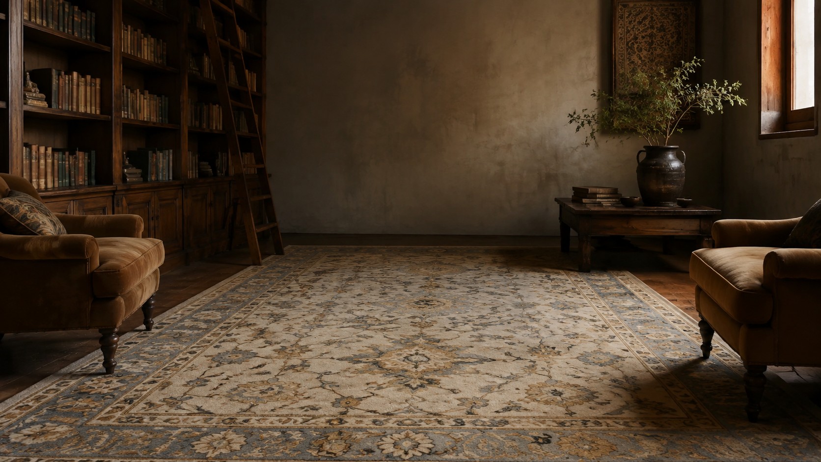 Interior inspiration: an ivory and faded blue Oushak rug in a walnut library
