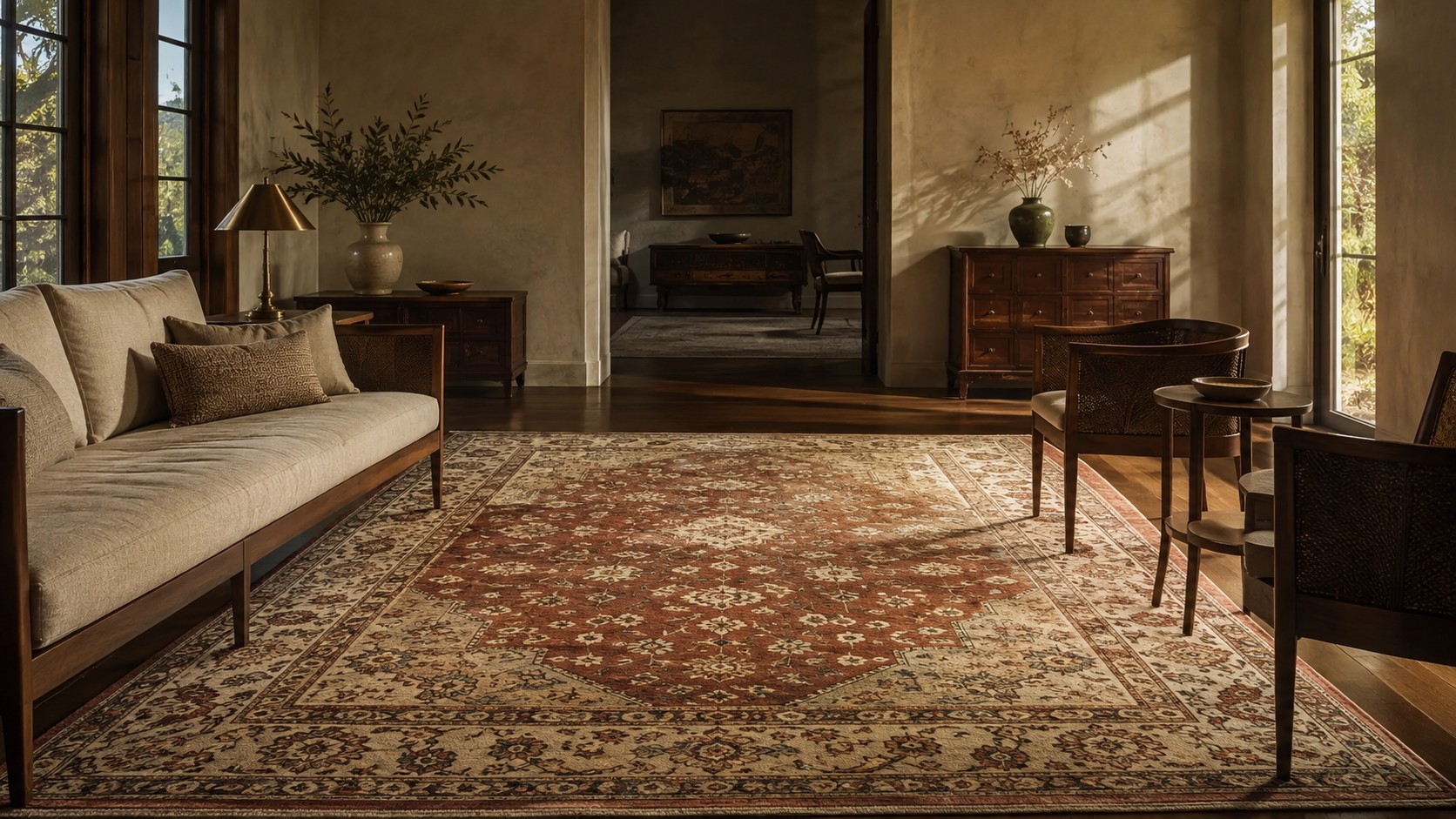 Interior inspiration: a rust and ivory Persian rug in a sunlit drawing room