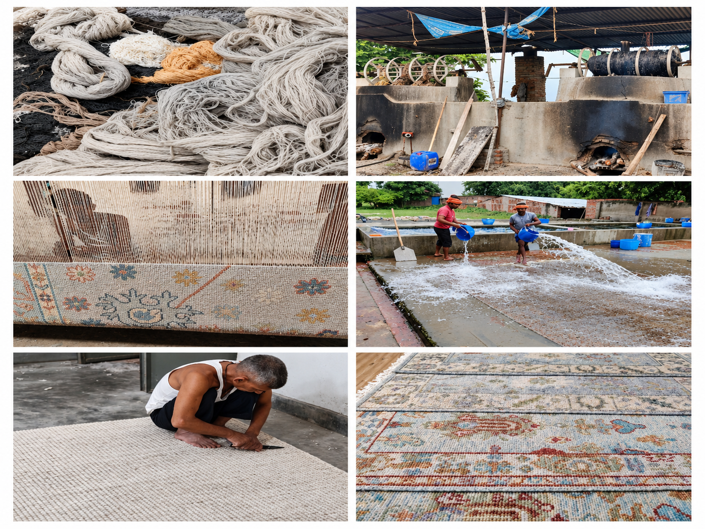 Yarn preparation, weaving, washing and hand finishing in the ABK Rugs India workshop